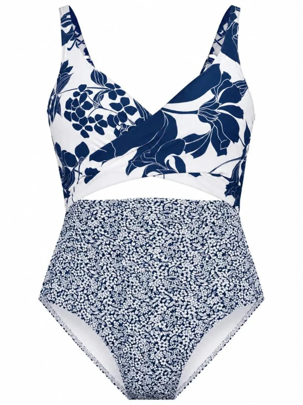 Lands End Wrap Monokini High Leg One Piece Swimsuit NWT Deep Sea Navy Lillies 6P